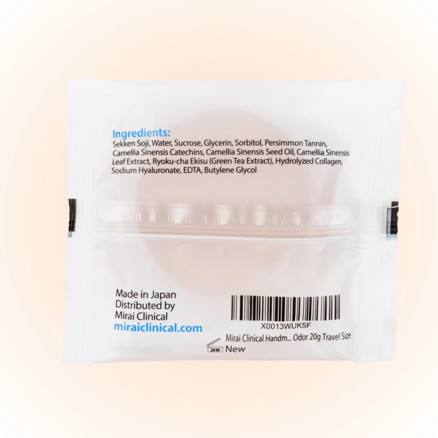 Back of Mirai Clinical Soap Bar Mini showing full ingredients list, made in Japan, distributed by Mirai Clinical