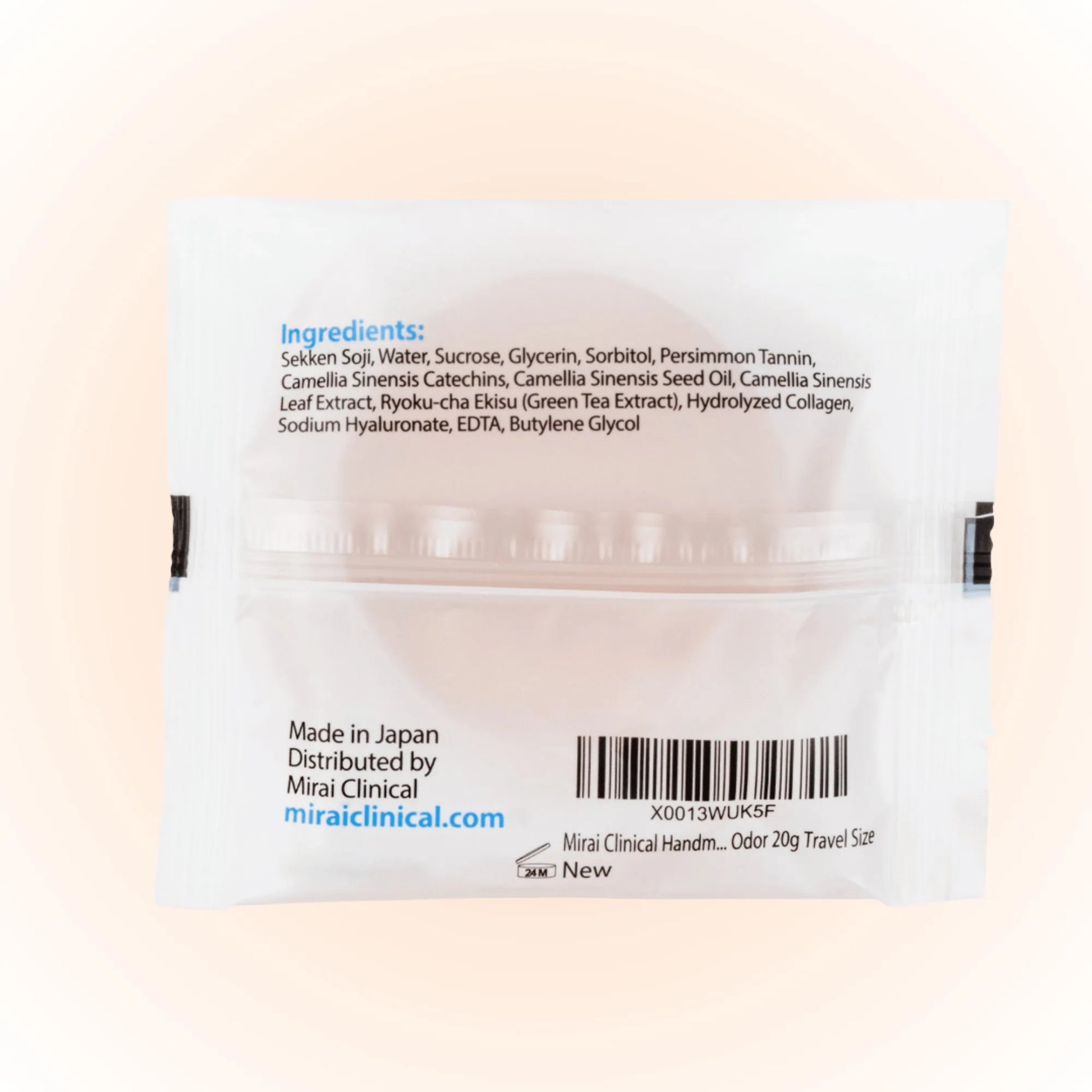Back of Mirai Clinical Soap Bar Mini showing full ingredients list, made in Japan, distributed by Mirai Clinical