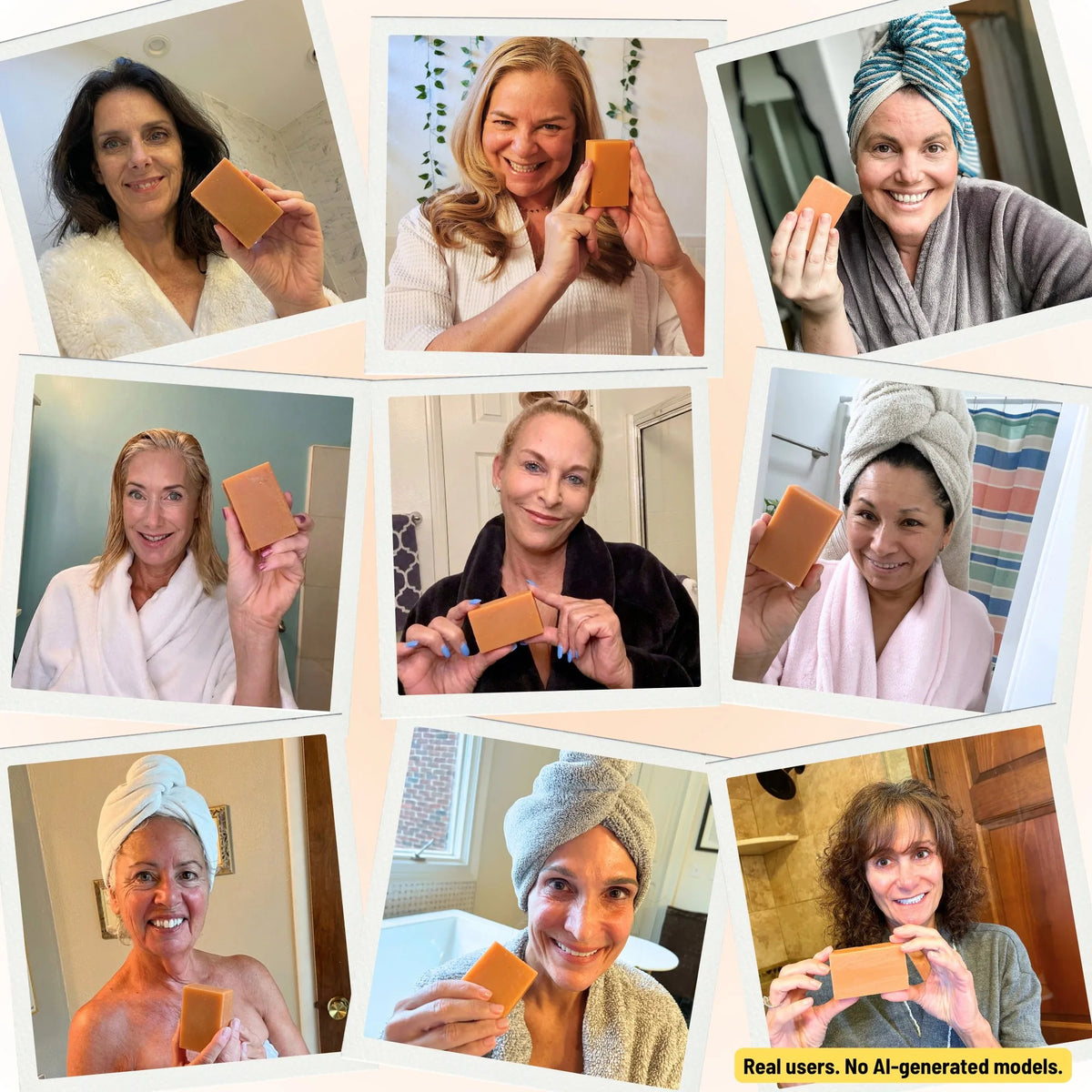 Collage of 9 real female customers over 40 holding Mirai Clinical Purifying and Deodorizing soap bar. Real users, no AI-generated models.