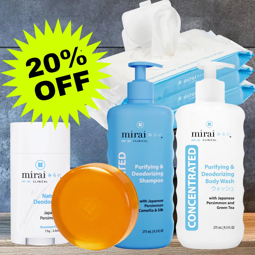 Mirai Clinical Total Body Deodorizing Set — Nonenal Soap Bar, Natural Deodorant, Concentrated Shampoo, Concentrated Body Wash, and 3-pack Body Wipes bundle with 20% off promotional badge