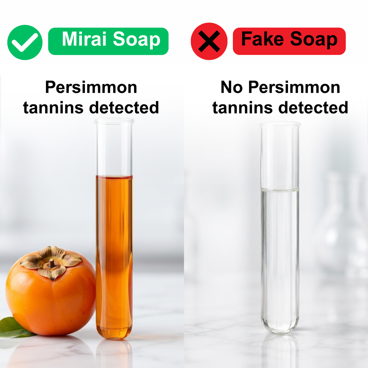 Test tube comparison: Mirai soap shows persimmon tannins in amber liquid, while fake soap shows clear liquid with no tannins