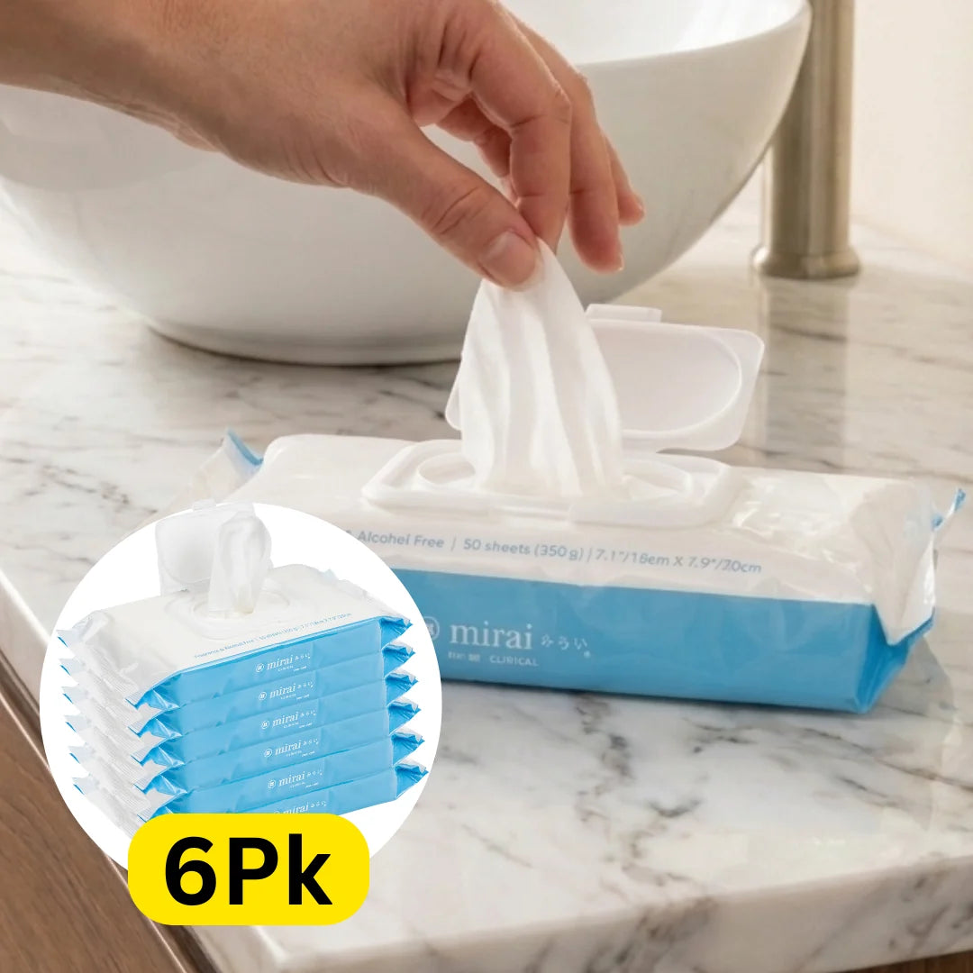 Mirai Clinical 6pk Body Wipes remove body odor, including Nonenal, using natural persimmon extract. Alcohol-free, fragrance-free, and perfect for freshening up anytime, anywhere.