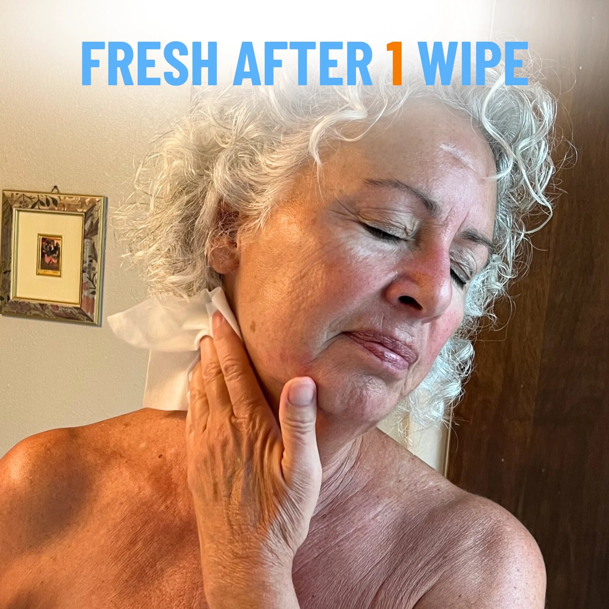 Mature woman feeling fresh after one use of persimmon deodorizing body wipes targeting nonenal body odor