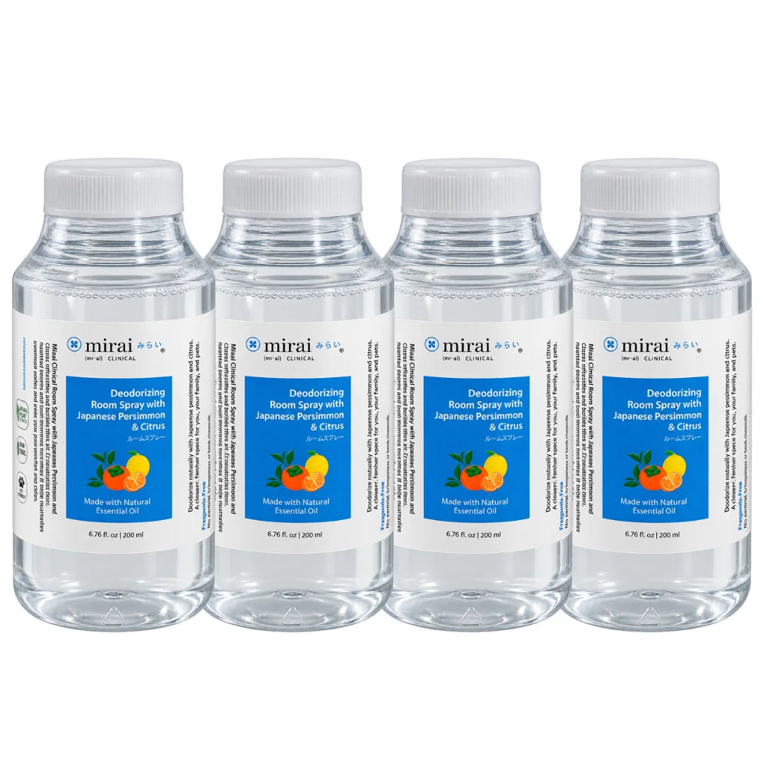 Four bottles of Mirai Clinical Deodorizing Room Spray with Japanese Persimmon & Citrus, 6.76 fl oz (200 ml) each — a four-bottle refill set.