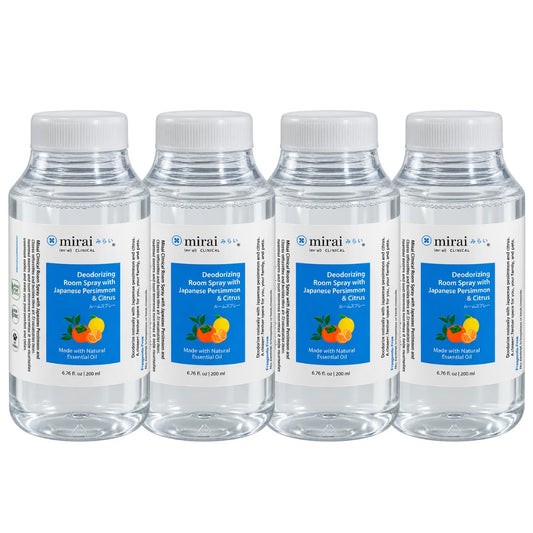 Four bottles of Mirai Clinical Deodorizing Room Spray with Japanese Persimmon & Citrus, 6.76 fl oz (200 ml) each — a four-bottle refill set.