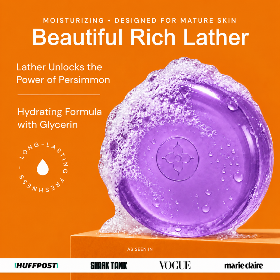 lavender - Purple lavender soap with rich lather on orange background, hydrating glycerin formula for mature skin, long-lasting freshness
