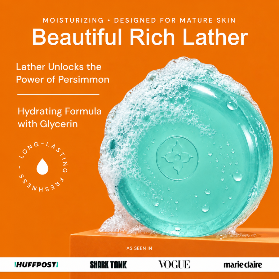 Mint - Teal persimmon soap with rich lather on orange background, hydrating glycerin formula for mature skin, long-lasting freshness