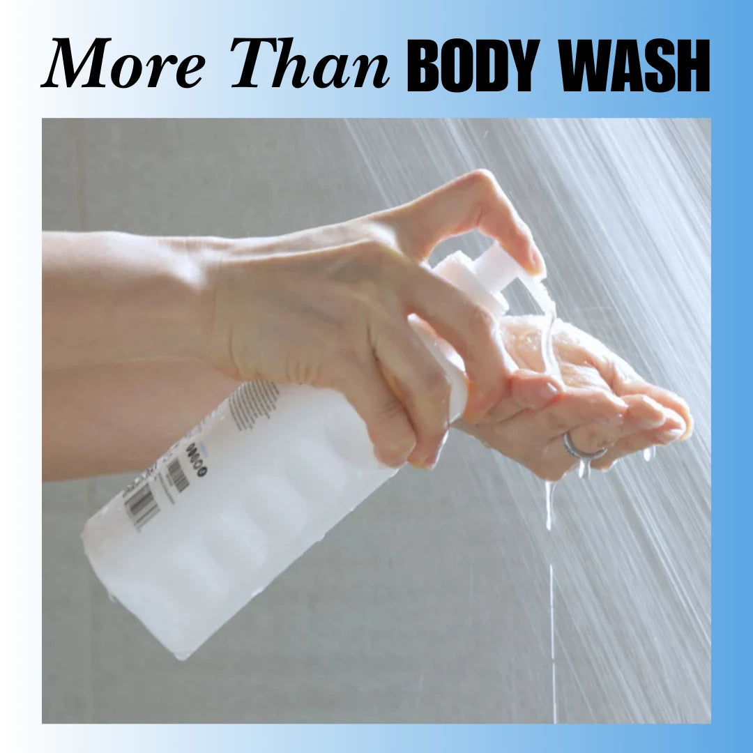 Close-up of Mirai Clinical body wash being dispensed onto hand under shower water, designed to neutralize Nonenal body odor and keep skin fresh.