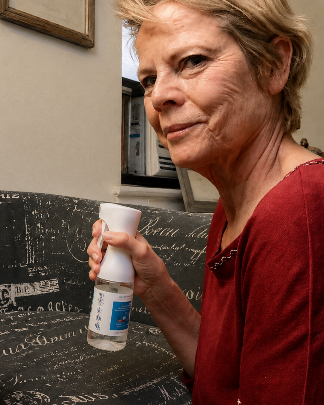 Woman holding Mirai Clinical deodorizing room spray to eliminate nonenal odors from furniture and fabrics, keeping living spaces fresh and odor free.