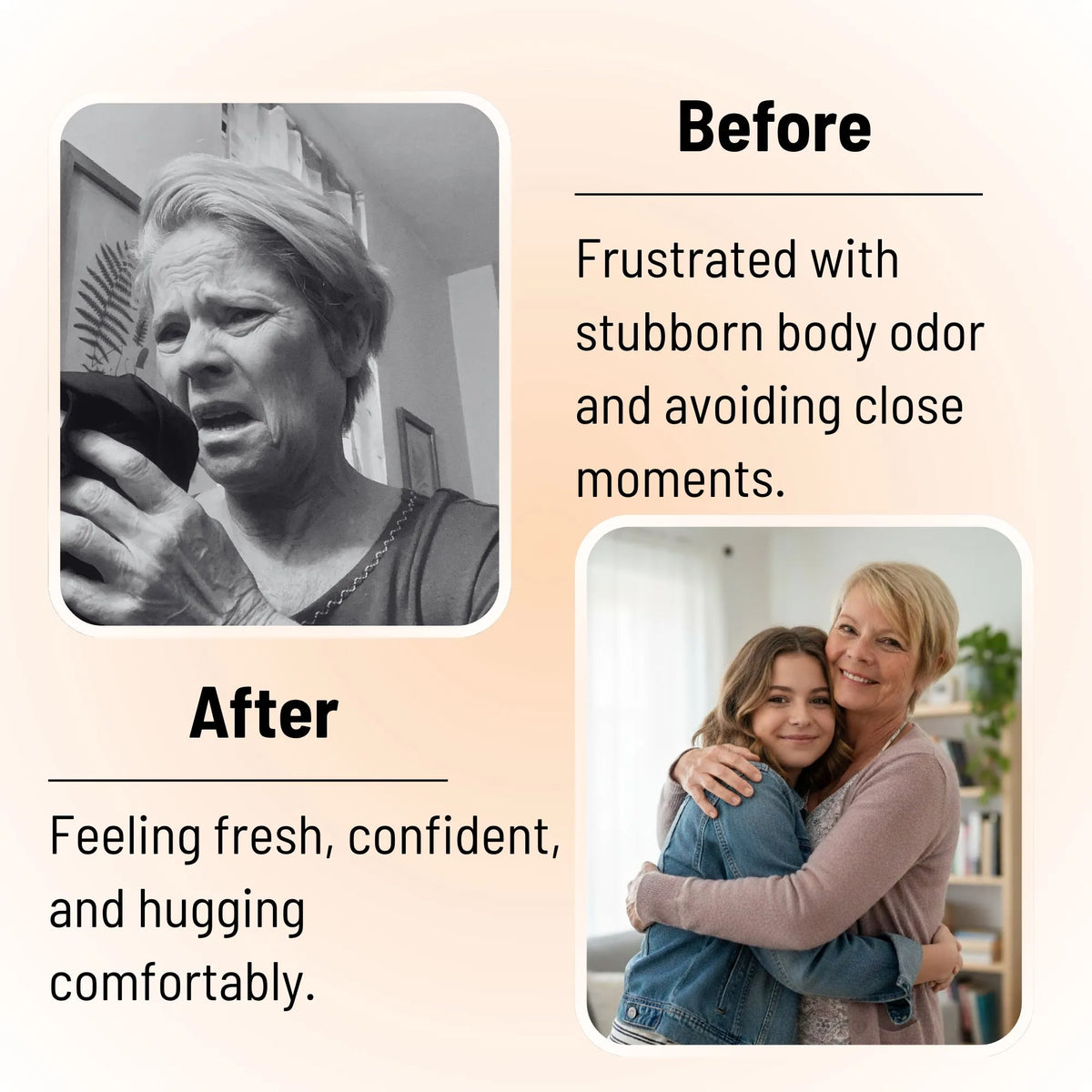 Before and after: woman frustrated by stubborn hair and body odor, then feeling fresh, confident and hugging her daughter comfortably after using Mirai Clinical shampoo