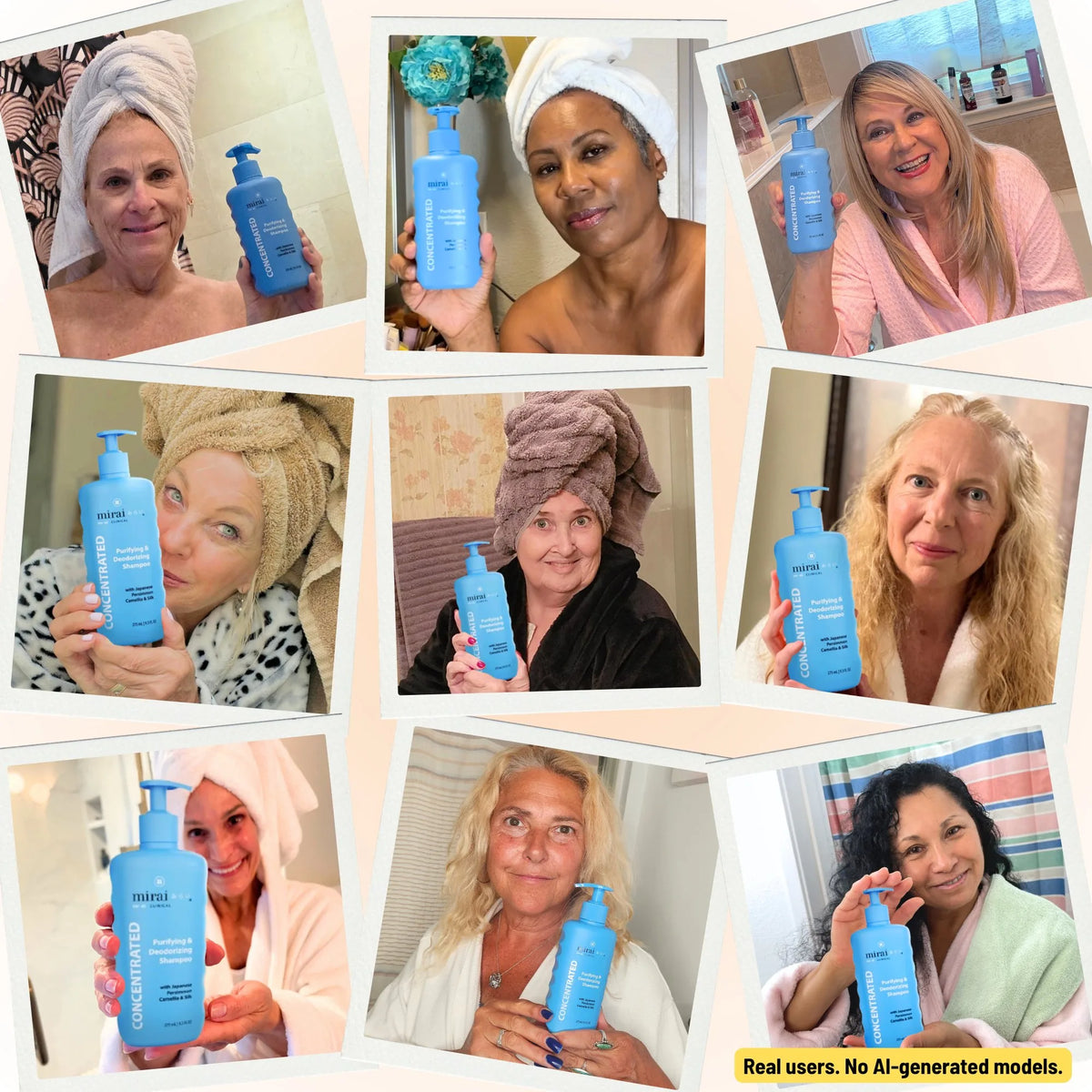 Collage of 9 real female customers over 40 holding Mirai Clinical Concentrated Purifying and Deodorizing Shampoo. Real users, no AI-generated models.