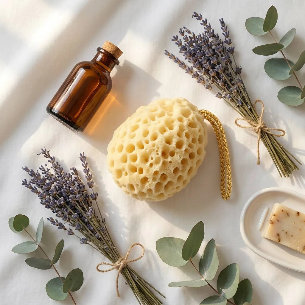 A styled flat-lay of a natural beige sea sponge bath bomb with a yellow pull tab, surrounded by an amber glass bottle, lavender sprigs, eucalyptus leaves, and a bar of soap on a white fabric background