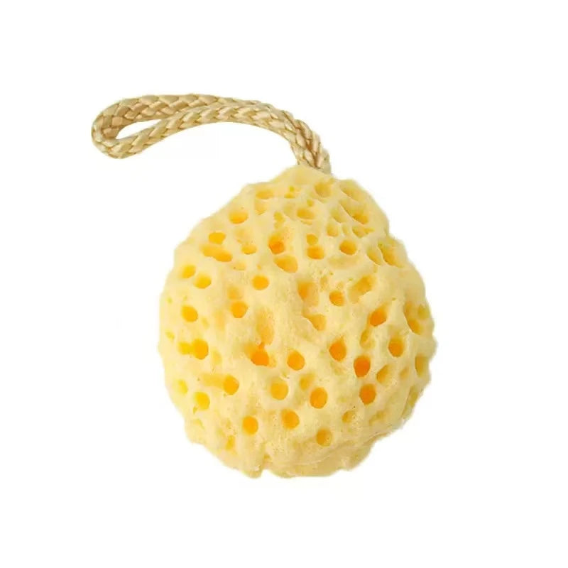 Yellow loofah with a rope handle on a white background