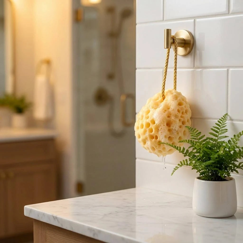 A yellow sponge bath bomb holder with a hanging rope and round gold wall mount, shown in a bright bathroom setting next to a potted fern on a marble countertop.