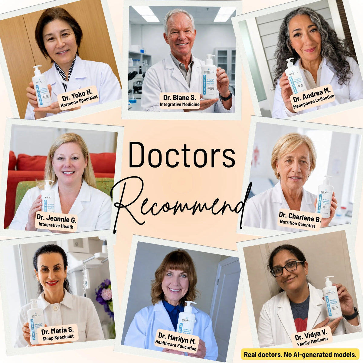 8 real doctors including hormone specialists, integrative medicine, and nutrition scientists recommending Mirai Clinical Concentrated Body Wash. Real doctors, no AI-generated models.