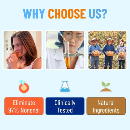 Benefits graphic explaining persimmon deodorizing soap designed to eliminate nonenal body odor safely