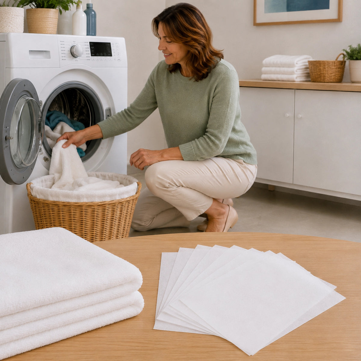 Woman kneeling by an open dryer loading towels, with a stack of folded white towels and fanned-out dryer sheets on a table in the foreground