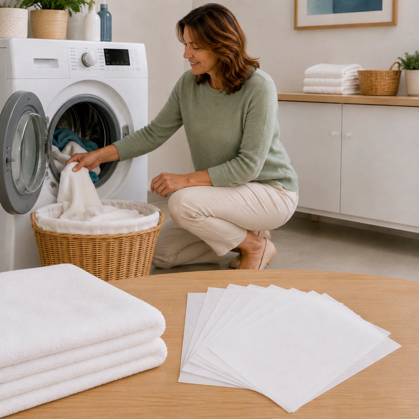 Woman kneeling by an open dryer loading towels, with a stack of folded white towels and fanned-out dryer sheets on a table in the foreground