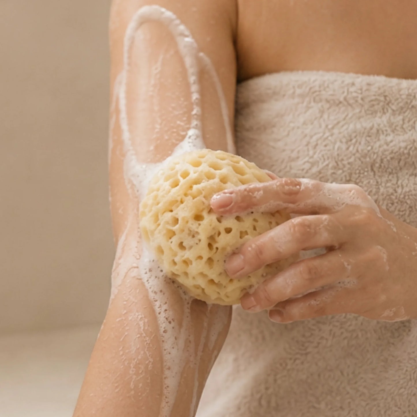 A person wrapped in a beige towel washes their arm with a natural beige sea sponge, with white soap lather visible on the skin.