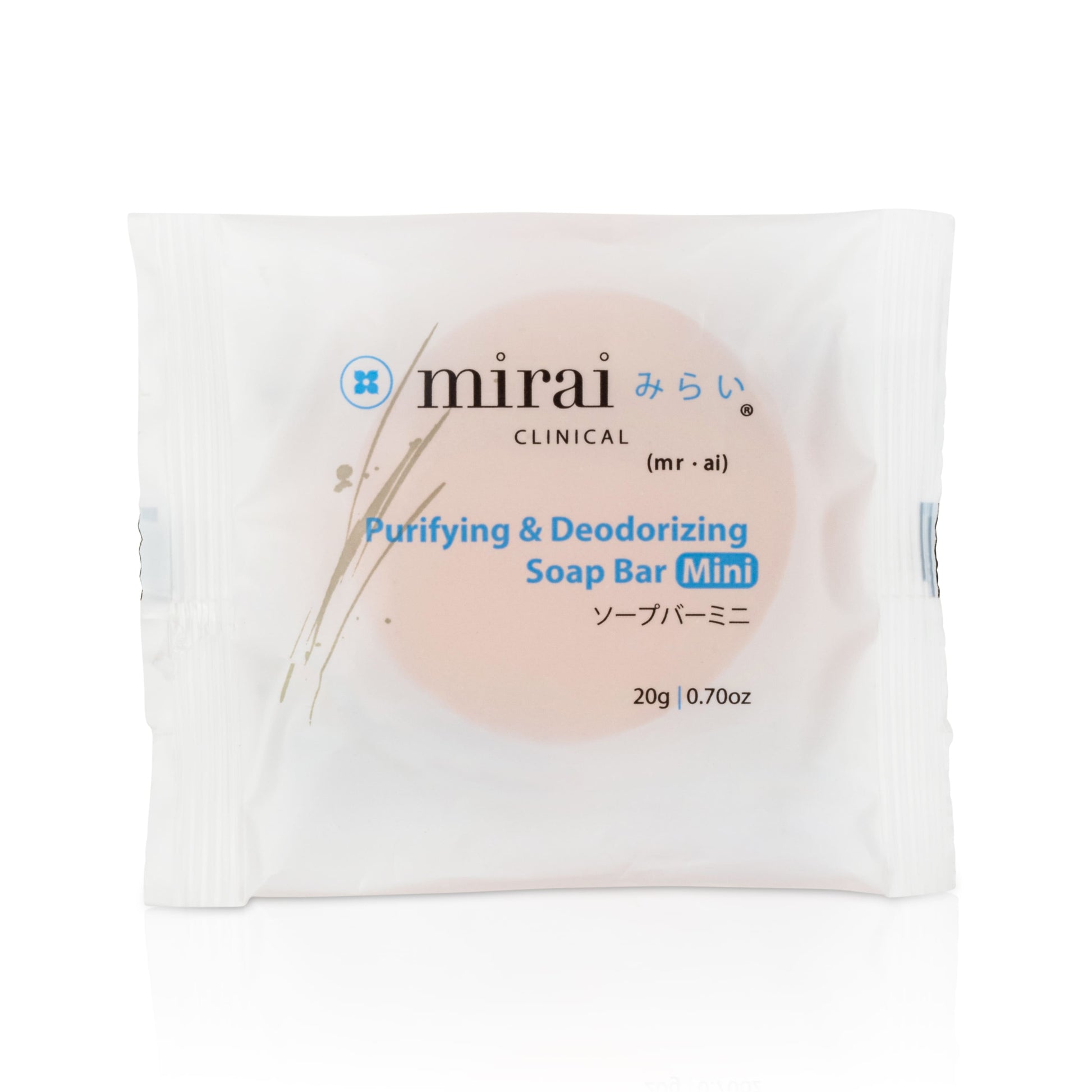 Front view of Mirai Clinical Mini Soap Package, featuring persimmon extract for nonenal and body odor elimination, ideal for travel-sized convenience.